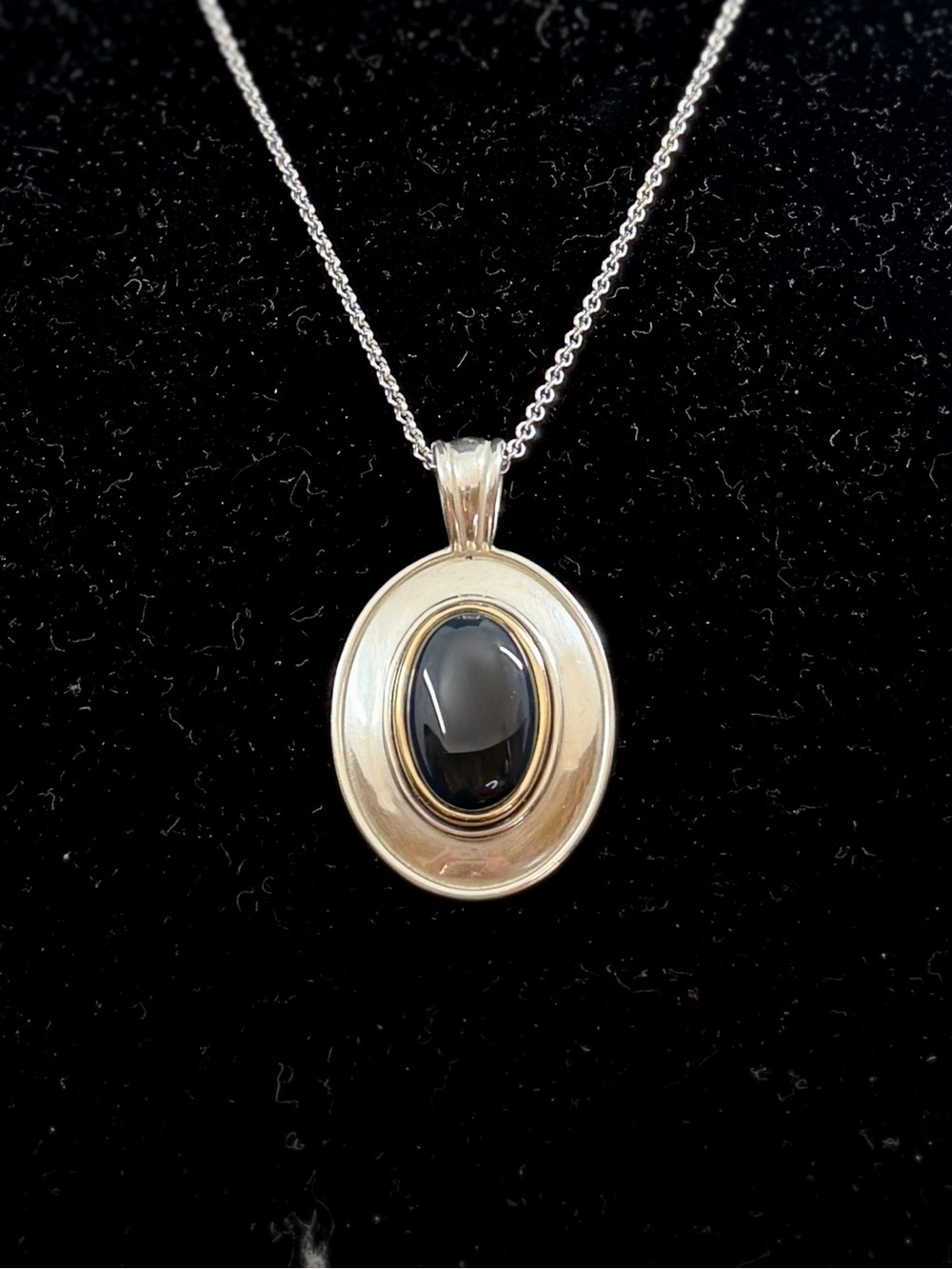 JAMES AVERY Sterling Silver 14K Ylw Gold Onyx Cabochon Pendant Necklace; RETIRED